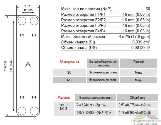 Габаритный чертёж и параметры паяного пластинчатого теплообменника SWEP BX8T